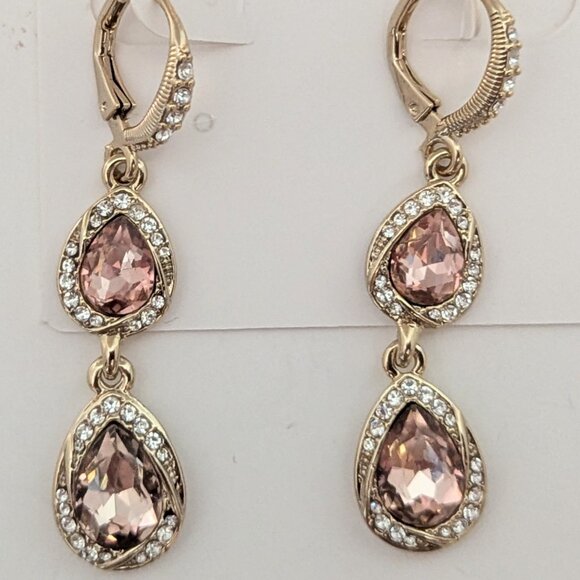 Givenchy Yellow Gold Toned Statement Drop Earrings w/ Morganite/Peachy Crystals - Picture 1 of 3